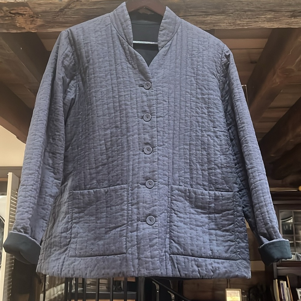 Eileen Fisher 100% cotton reversible jacket, plum charcoal/black, Medium